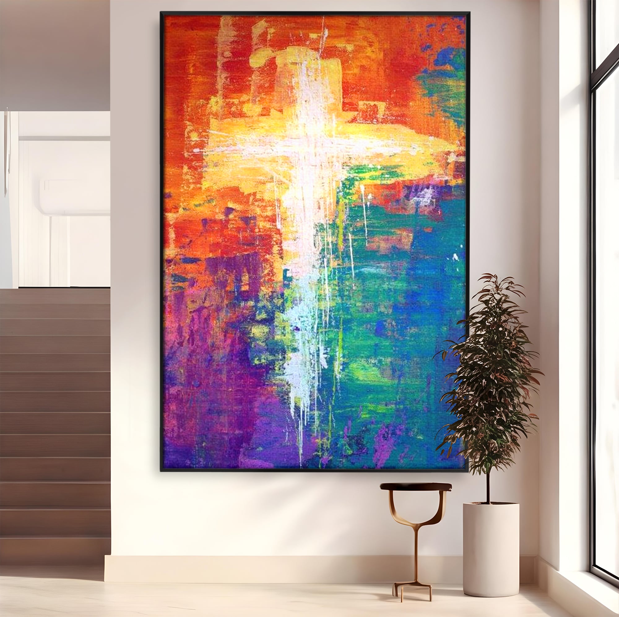 Tablou canvas cu tablou pictat cu o cruce luminoasa, in rama de aluminiu negru